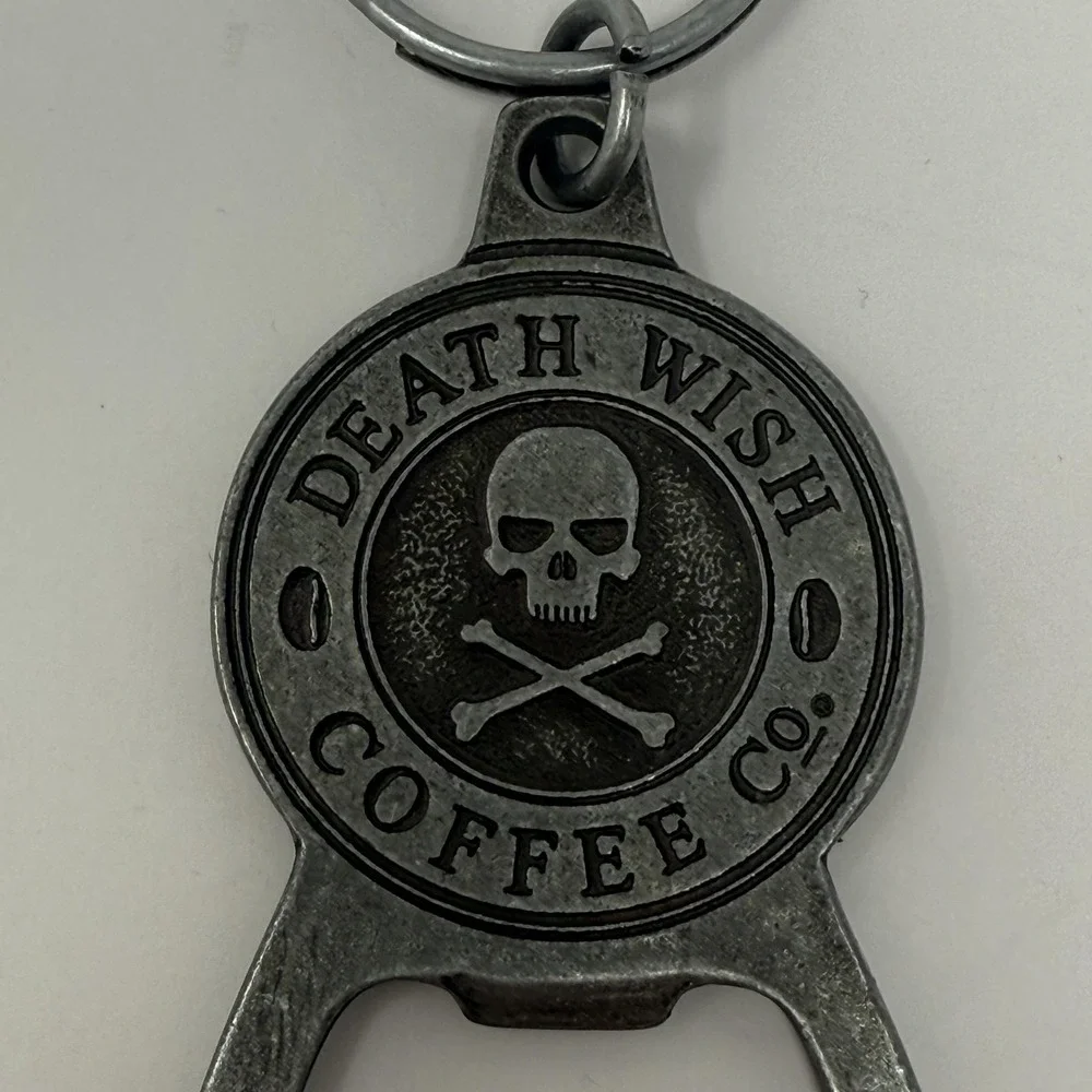 Death Wish Coffee Co‎ Bottle Opener Keychain Silver Skull Crossbones Pewter Tone